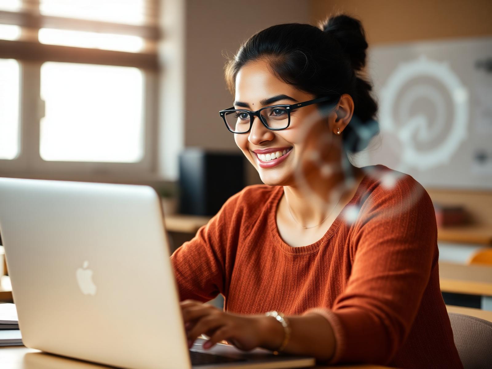 Teacher using AI on her laptop in a bright classroom